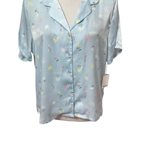 Abound Satin Pajama Shirt Button-up Front Breathable Floral Pattern Blue M NEW - Picture 3 of 9
